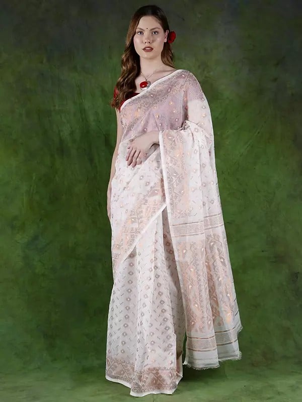 Snow-White Dhakai Jamdani Handloom Summer Saree from Bangladesh with All-over Woven Motifs