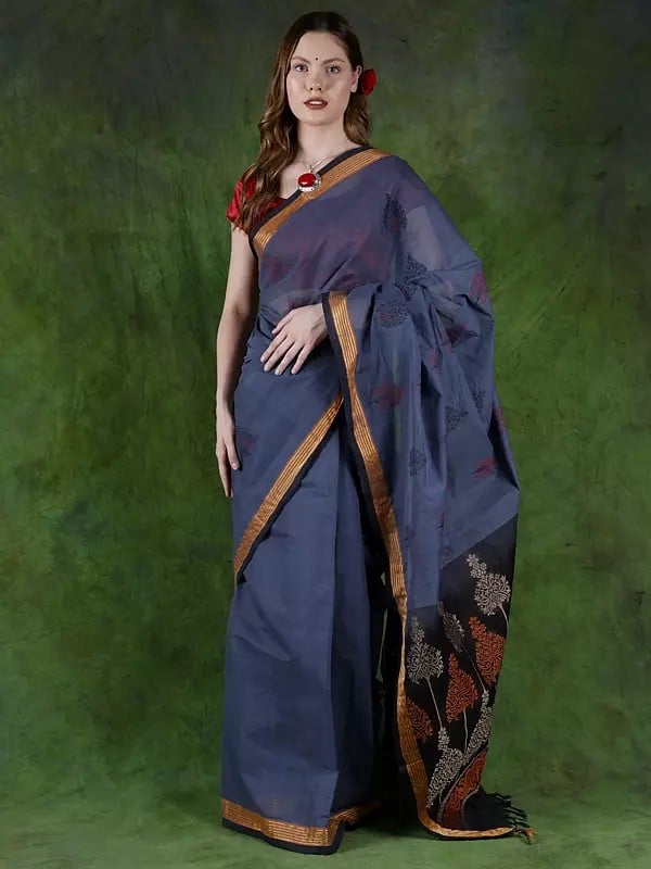 Blue-Fusion Pure Cotton Negamam Saree from Tamil Nadu with Woven Trees ...