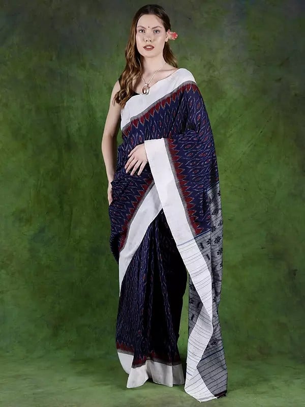 Beacon-Blue Pure Cotton Handloom Saree from Sambalpur with All-Over Ikat Weave