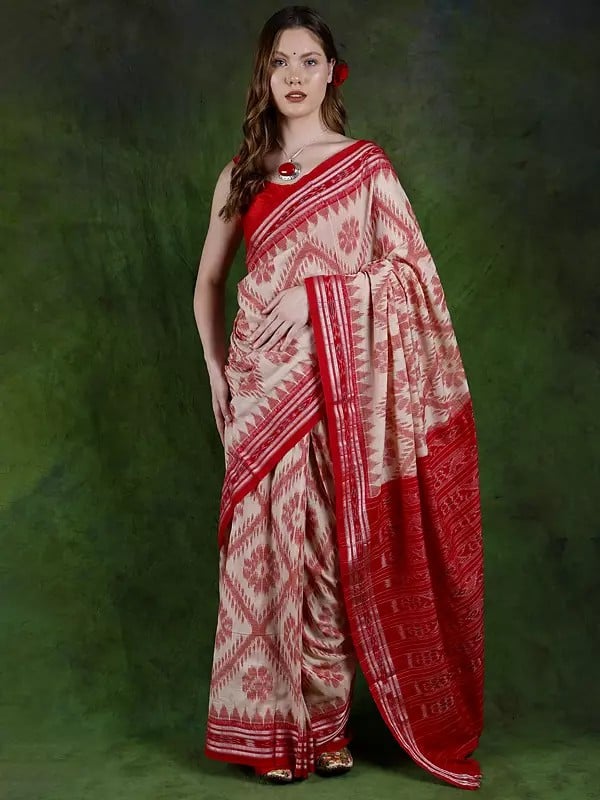 Novelle-Peach Ikat Handloom Saree from Sambalpur with All-Over Woven Motifs and Contrast Border