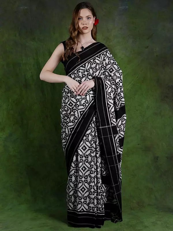 White and Black Pure Cotton Ikat Handloom Saree from Pochampally with Contrast Border