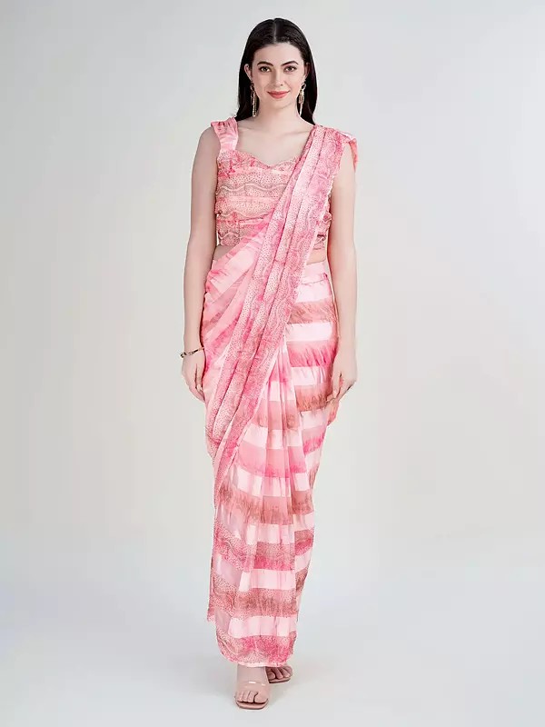 Pre - Daped Satin Silk Saree with Stone Work and Swarovski Pattern Blouse