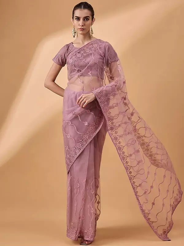 Dusty Pink Net Embroidered Saree with Diamond & Cutwork Pattern and Floral Embroidery Border