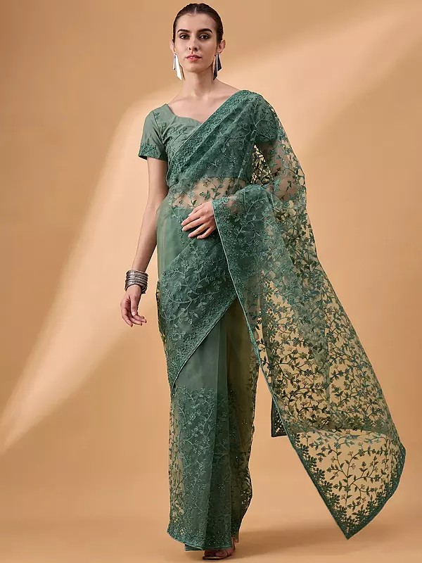 Mineral Green Net Embroidered Saree with Diamond & Cutwork Pattern and Floral Embroidery Border