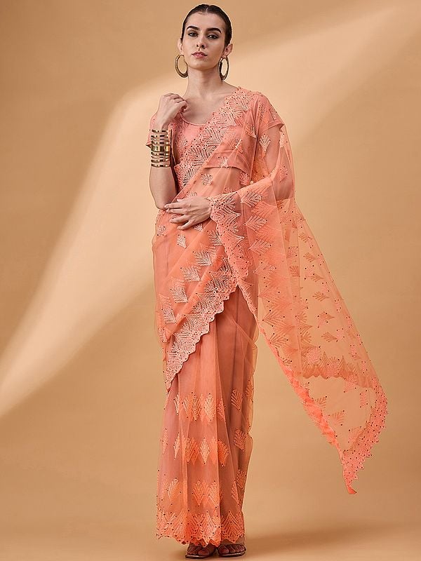 Dark Salmon Net Embroidered Saree with Diamond & Cutwork Pattern and Floral Embroidery Border