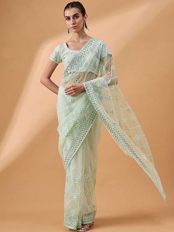 Sea Green Net Embroidered Saree with Diamond & Cutwork Pattern and Floral Embroidery Border