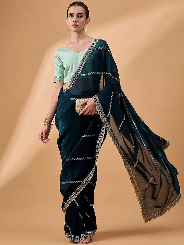 Muslin Saree with Moti Work , Striped Pattern and Border with Embroidery