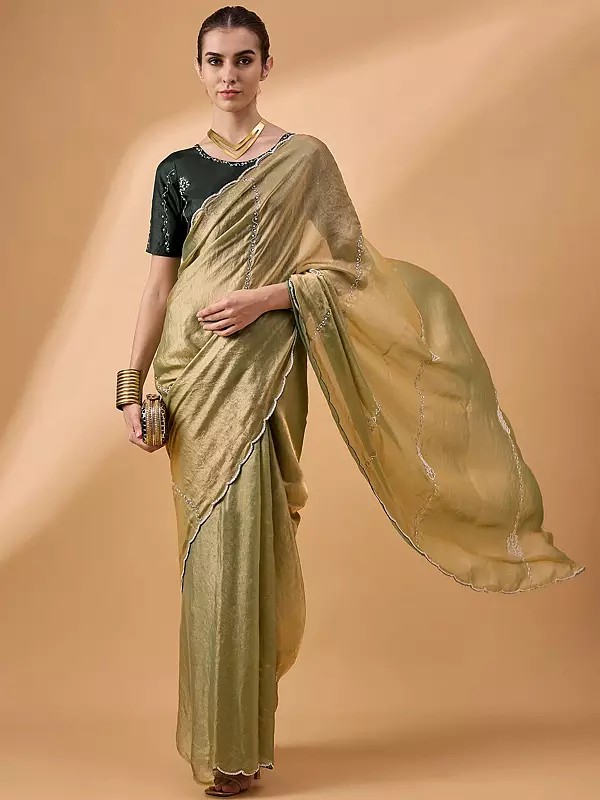 Muslin Saree with Moti Work , Floral Pattern and Border with Embroidery