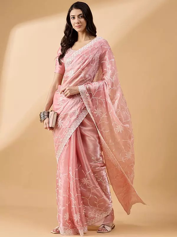 Tissue Slub Embroidered Saree with Multi Color Sequence Work and Flower Pattern