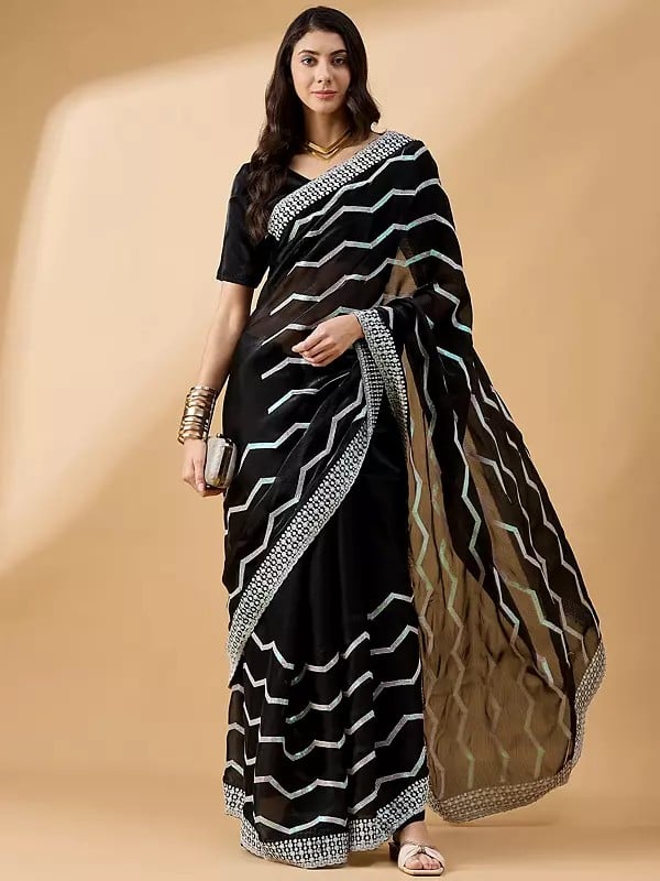 Tissue Slub Embroidered Saree with Multi Color Sequence Work and Wave Pattern