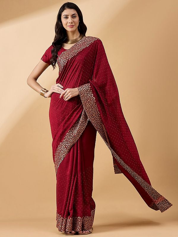 Silk Blend Embroidered Saree with Stone Work and Border with Floral Pattern