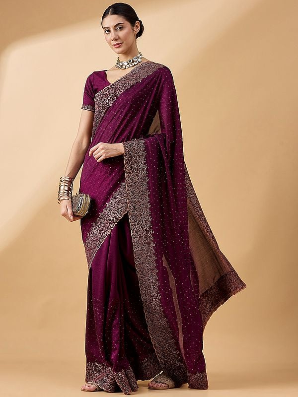 Silk Blend Embroidered Saree with Stone Work and Border with Floral Pattern