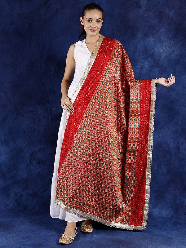 Phulkari Dupatta from Punjab with Multicolor Thread Embroidery and Bead-Mirror Work