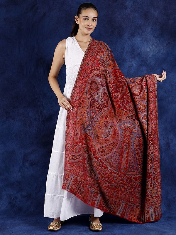 Pure Wool Kani Jamawar Shawl from Amritsar with Woven Multicolor Paisleys and Flowers