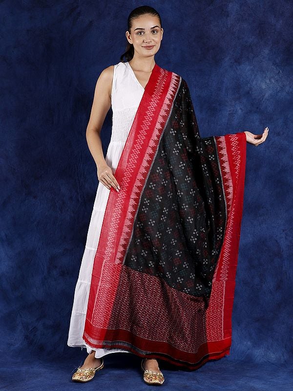Red and Black Pure Cotton Ikat Handloom Sambalpuri Dupatta with Multicolored Motifs