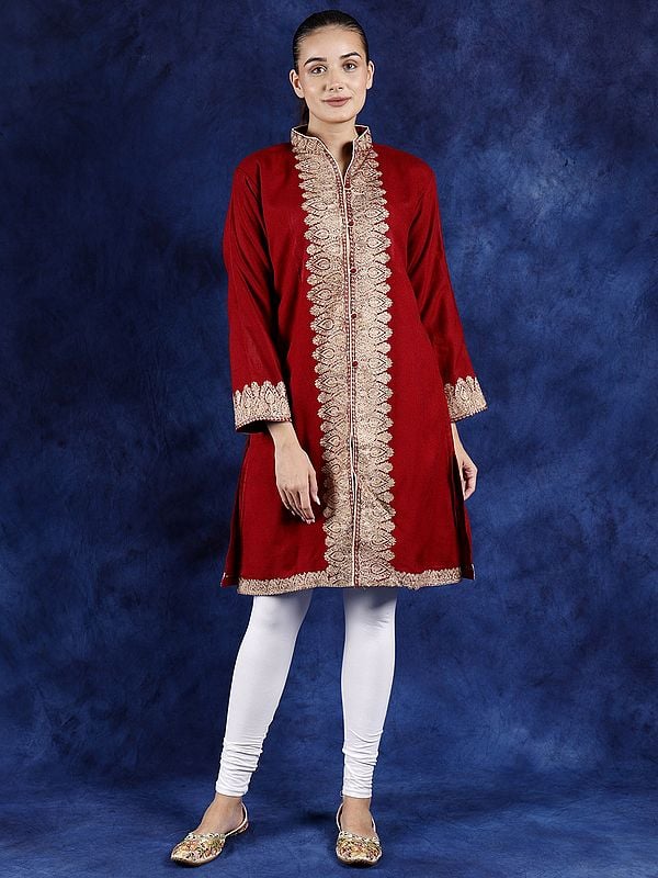 Rythmic-Red Kashmiri Long Jacket with Floral Aari Embroidery on Border