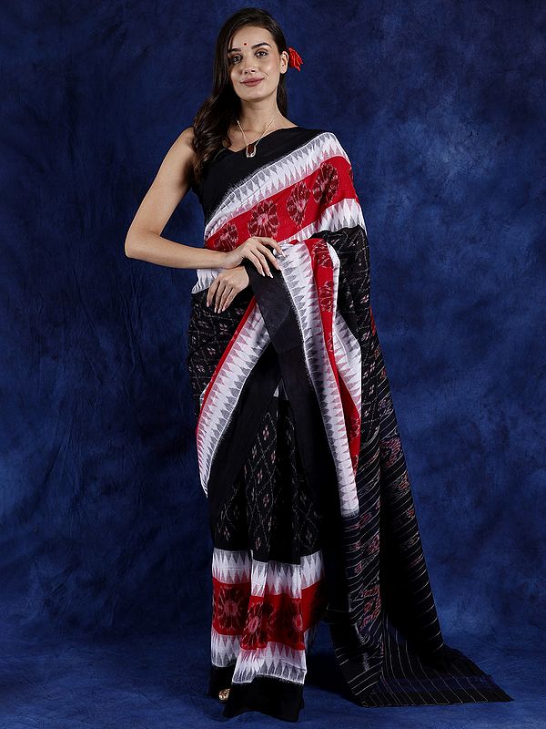 Tri-Color Pure Cotton Sambalpuri Handloom Saree from Orissa with Woven Ikat Patterns and Temple Border