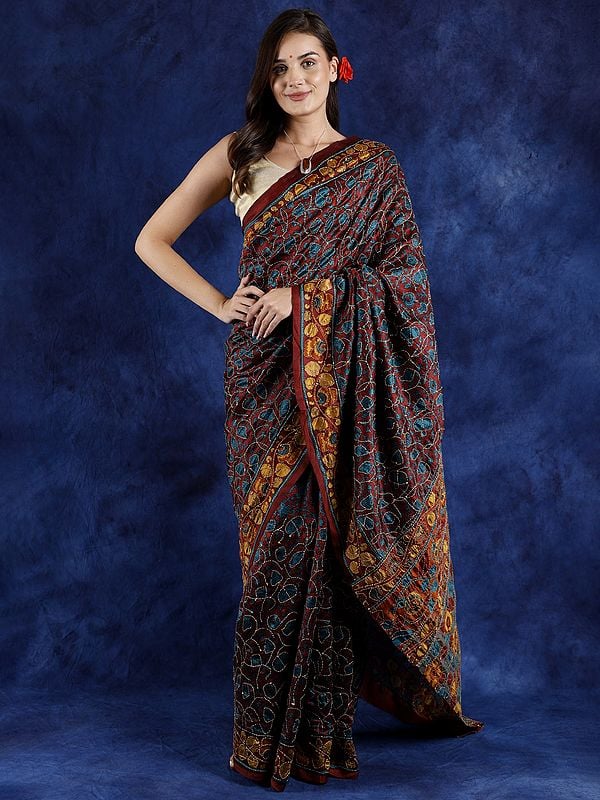 Multicolor Floral Printed Georgette Saree from Gujarat with All-Over Kantha Hand Embroidery and Sequins