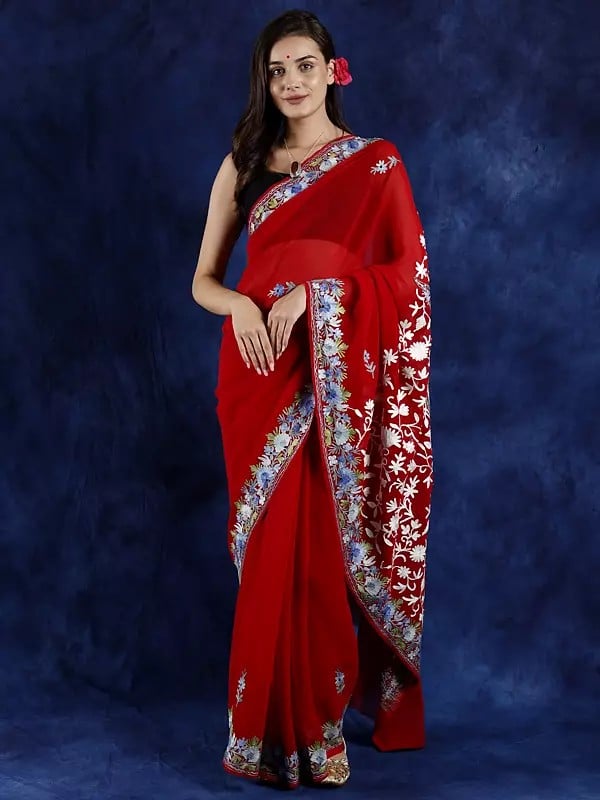 Tango-Red Georgette Saree from Kashmir with Aari Embroidered Flowers