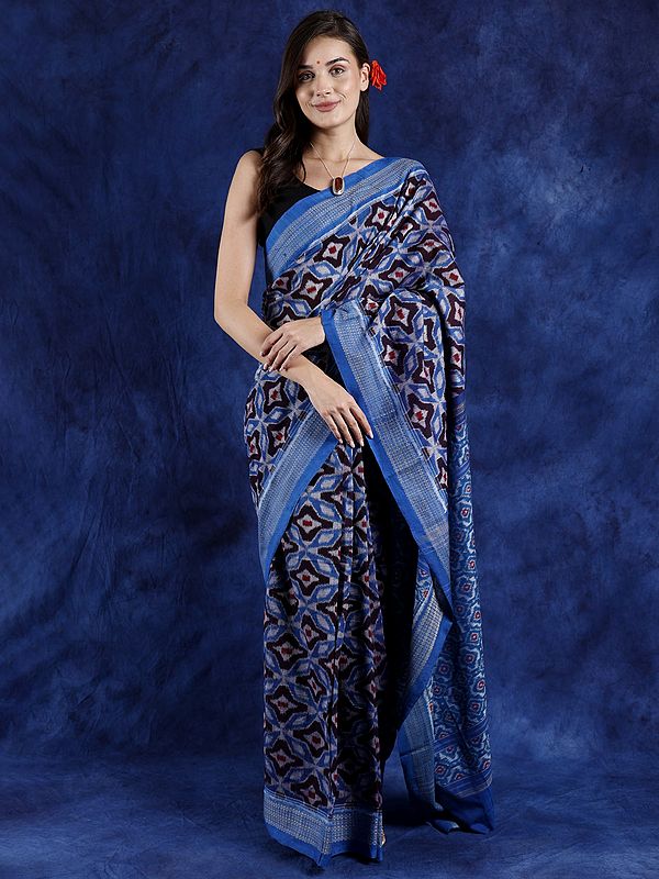 Tri-Color Pure Cotton Sambalpuri Ikat Handloom Saree from Orissa with Woven Border