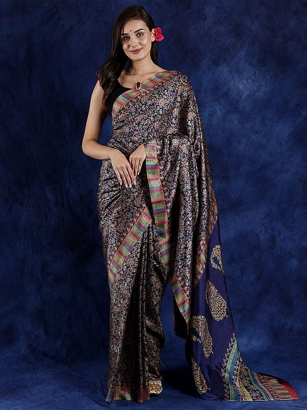 Beacon-Blue Kani Saree from Jharkhand with Printed Floral Vines and Paisleys on Pallu