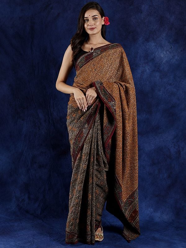 Multicolor Printed Georgette Saree from Gujarat with Chain Stitch Embroidery and Bead-Work