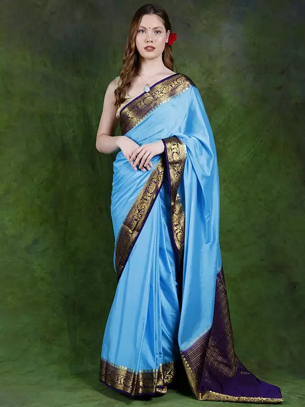 Plain Saree from Bangalore with Zari Woven Floral Vine Border and Striped Anchal