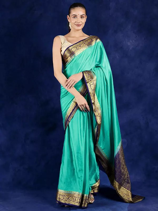 Plain Saree from Bangalore with Zari Woven Floral Vine Border and Striped Anchal