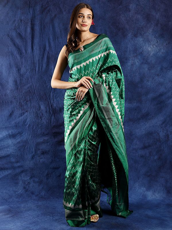 Soothing Lush Meadow Pure Silk Saree from Pochampally with Ikat Woven Pallu and Temple Border