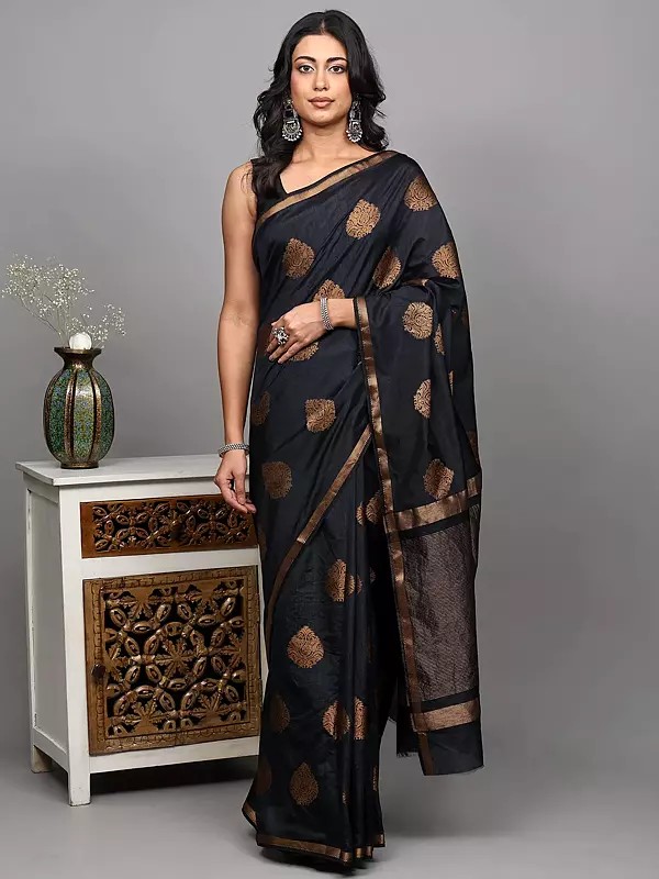 Art Silk Saree from Chennai with Zari Woven Paisley Butta and Striped Pallu