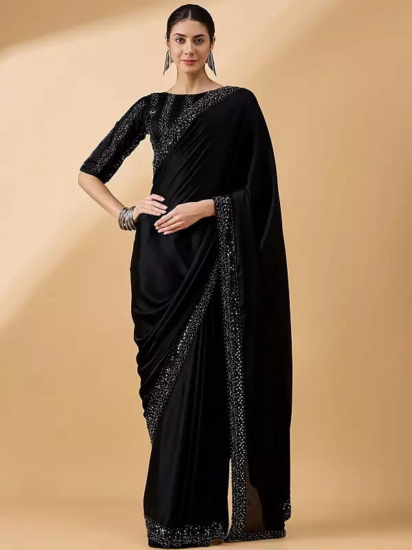 Black Satin Solid Sequence Work & Embroidered Border Saree With Blouse