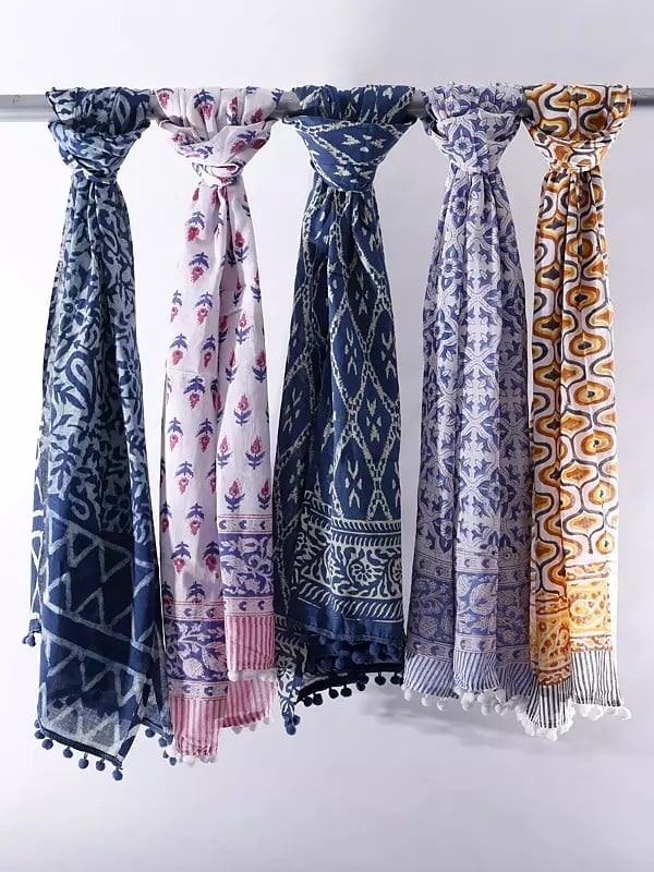Lot Five Pure Cotton Scarves with Block-Print and Pom Poms