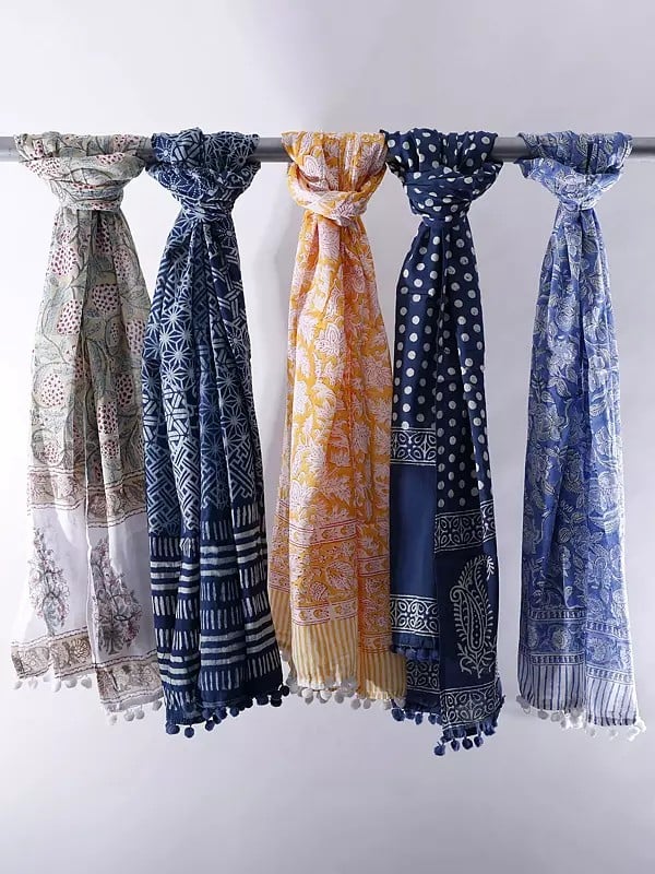 Lot of Five Block-Printed Scarves with Pom-Poms