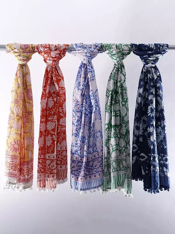 Set of Five Pure Cotton Scarves with Block-Printed Flowers
