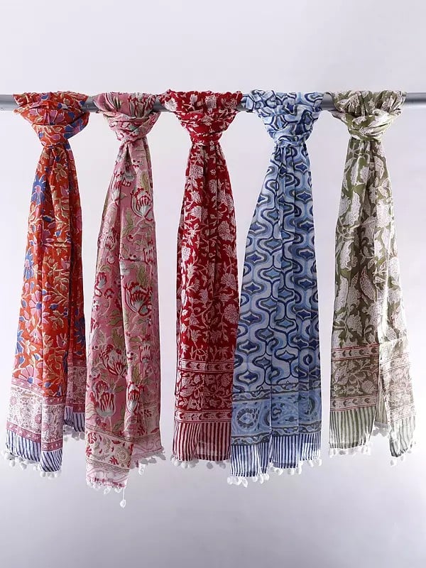 Floral Printed Lot of Five Pure Cotton Scarves with Pom-Poms