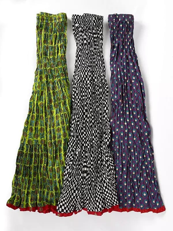 Bundle of Three Elastic Waist Long Ghagra Skirts from Jodhpur with All-Over Print