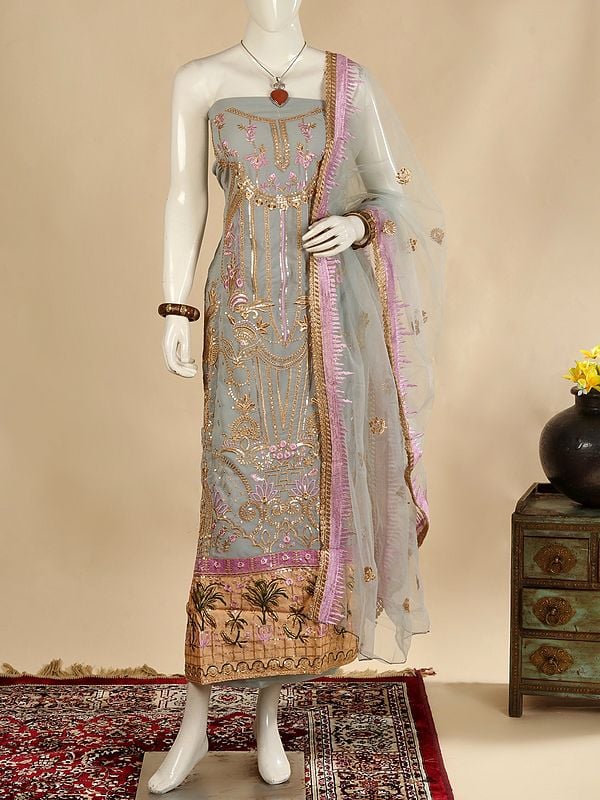 Storm-Gray Georgette Salwar Kameez Fabric with Net Dupatta and All-Over Zari & Sequins Embroidery