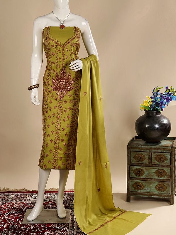 Cress-Green Wool Three Piece Salwar Kameez Fabric from Kashmir with Matching Dupatta and Sozni Embroidery by Hand