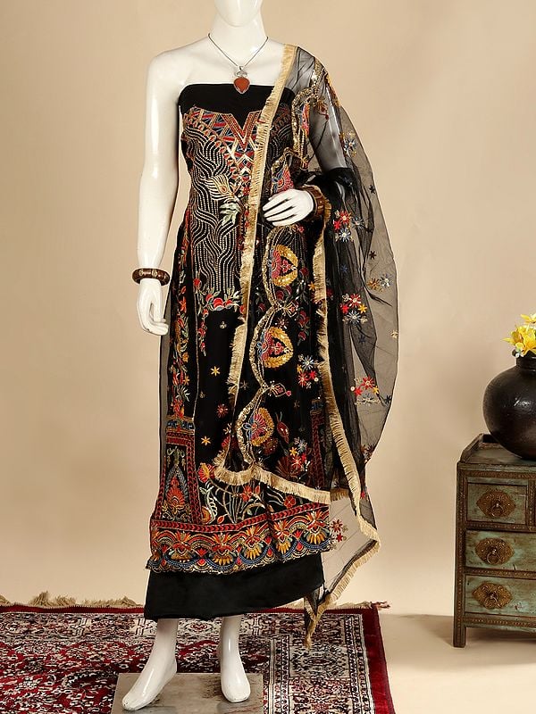 Black-Beauty Georgette Salwar Suit Fabric with Net Dupatta and Zari & Sequined Floral Embroidery
