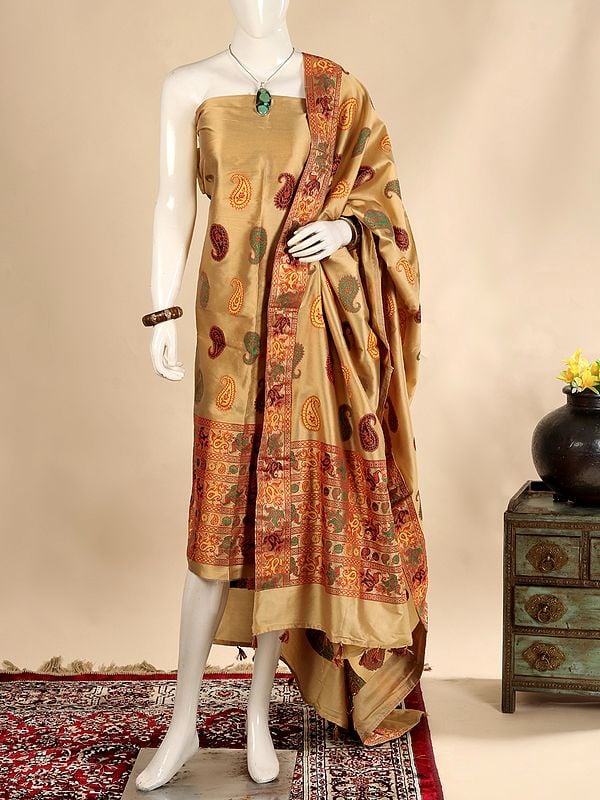 Two-Piece Beige Kurti Moonga Fabric from Assam with Matching Dupatta and Multicolor Thread Weave
