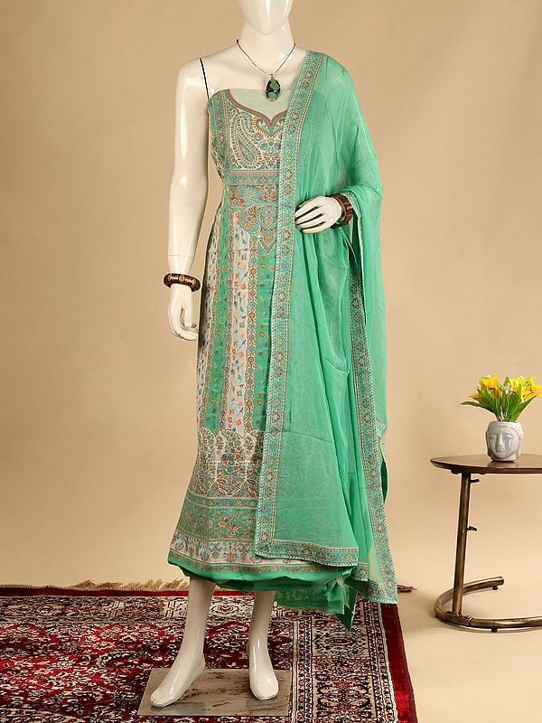 Jade-Green Poly Wool Jamawar Salwar Suit Fabric from Amritsar with Dupatta and Multicolor Kani Weave