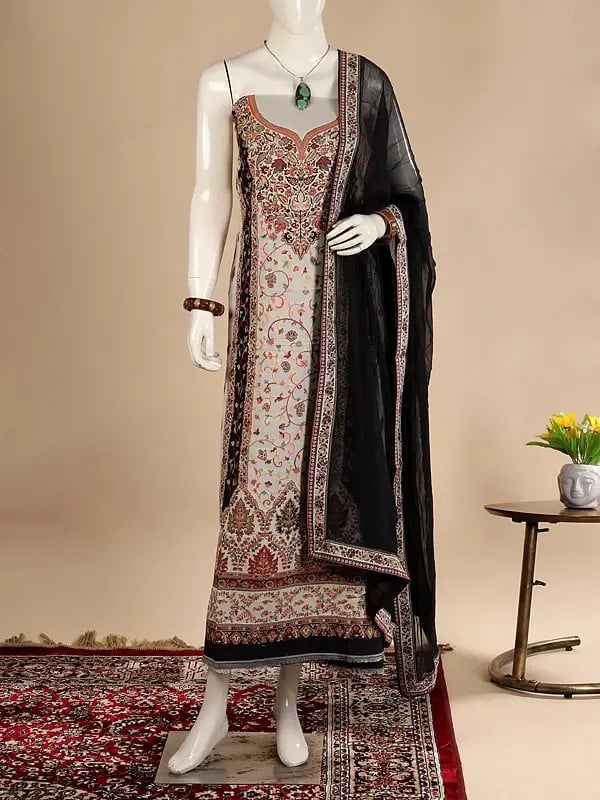 Black and White Kani Jamawar Salwar Suit Fabric from Punjab with Dupatta and Flowers-Woven in Multicolor Thread