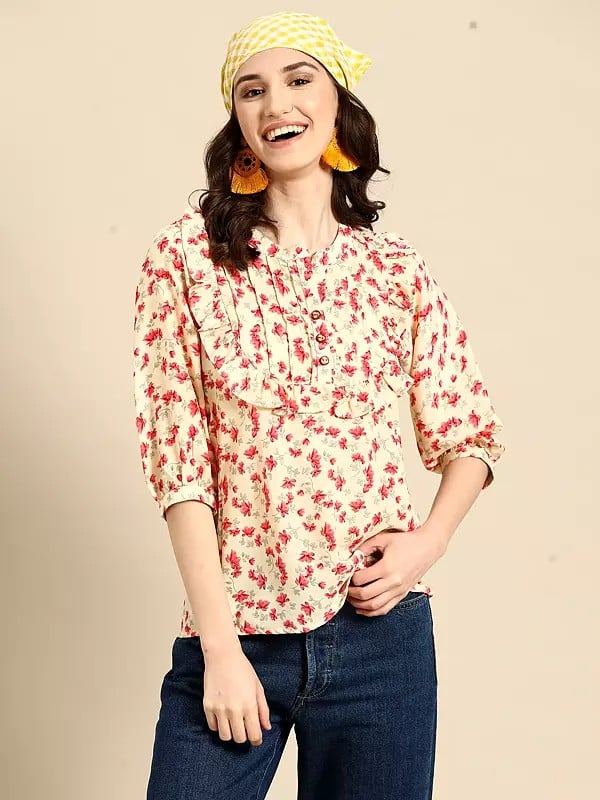 Bleach-White Poly Crepe Floral Printed With Mandarin Collar Shirt For Women