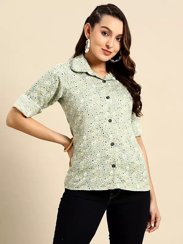 Periglacial-Blue Rayon Floral Printed Designer Shirt For Women