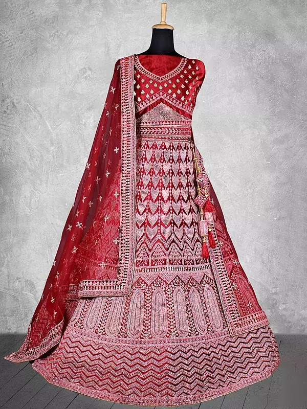 Designer Velvet Thread With Diamond Work Wedding Lehenga With Net Duppata