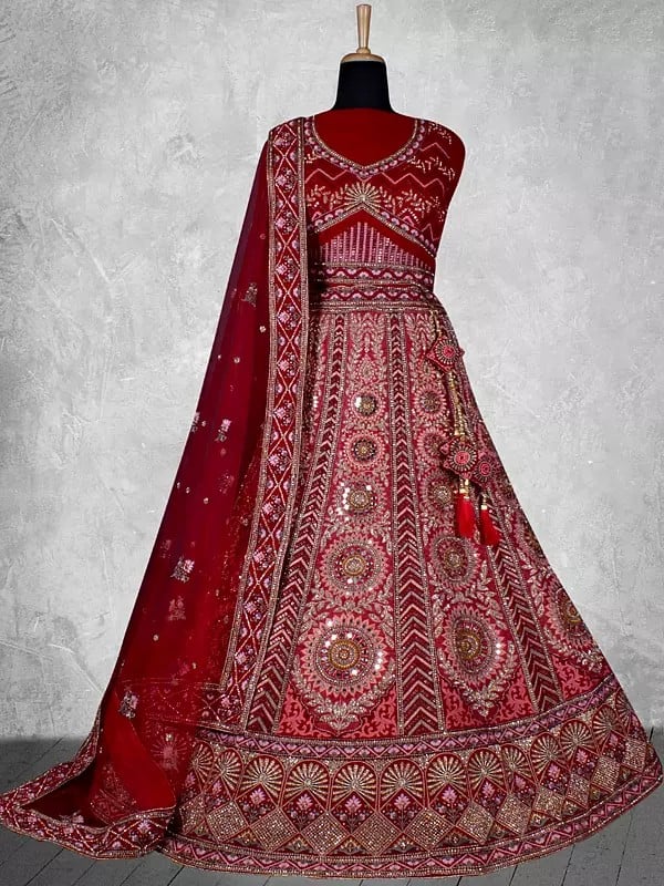 Fancy Velvet Mirror With Thread Work Wedding Lehenga With Net Duppata