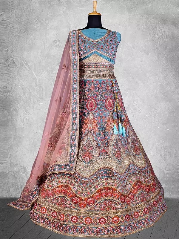 Designer Velvet Thread With Diamond Work Wedding Lehenga With Net Duppata