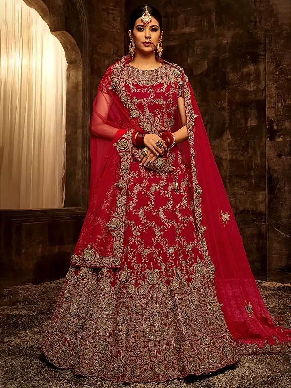Velvet Applique With Sequence Work Wedding Lehenga With Net Duppata