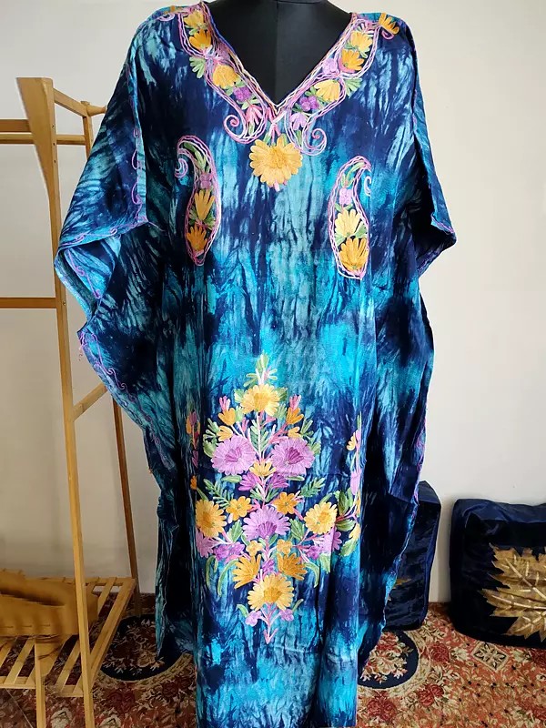 Light-Navy-Blue Flower & Paisleys Embroidered Cotton Long Kaftan For Casual Occasion