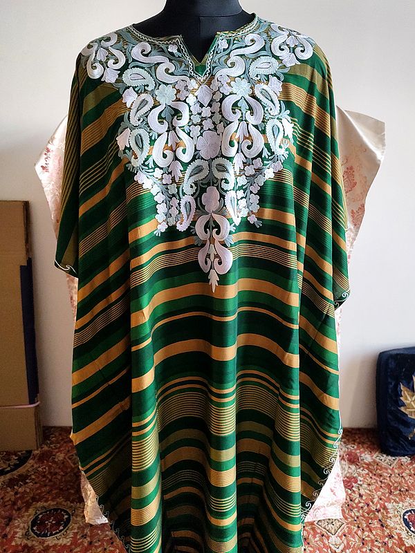 Dark-Jungle-Green Flower With Paisleys Embroidered Cotton Long Kaftan For Women
